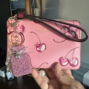 Coach Corner Zip Wristlet with Cherry Print